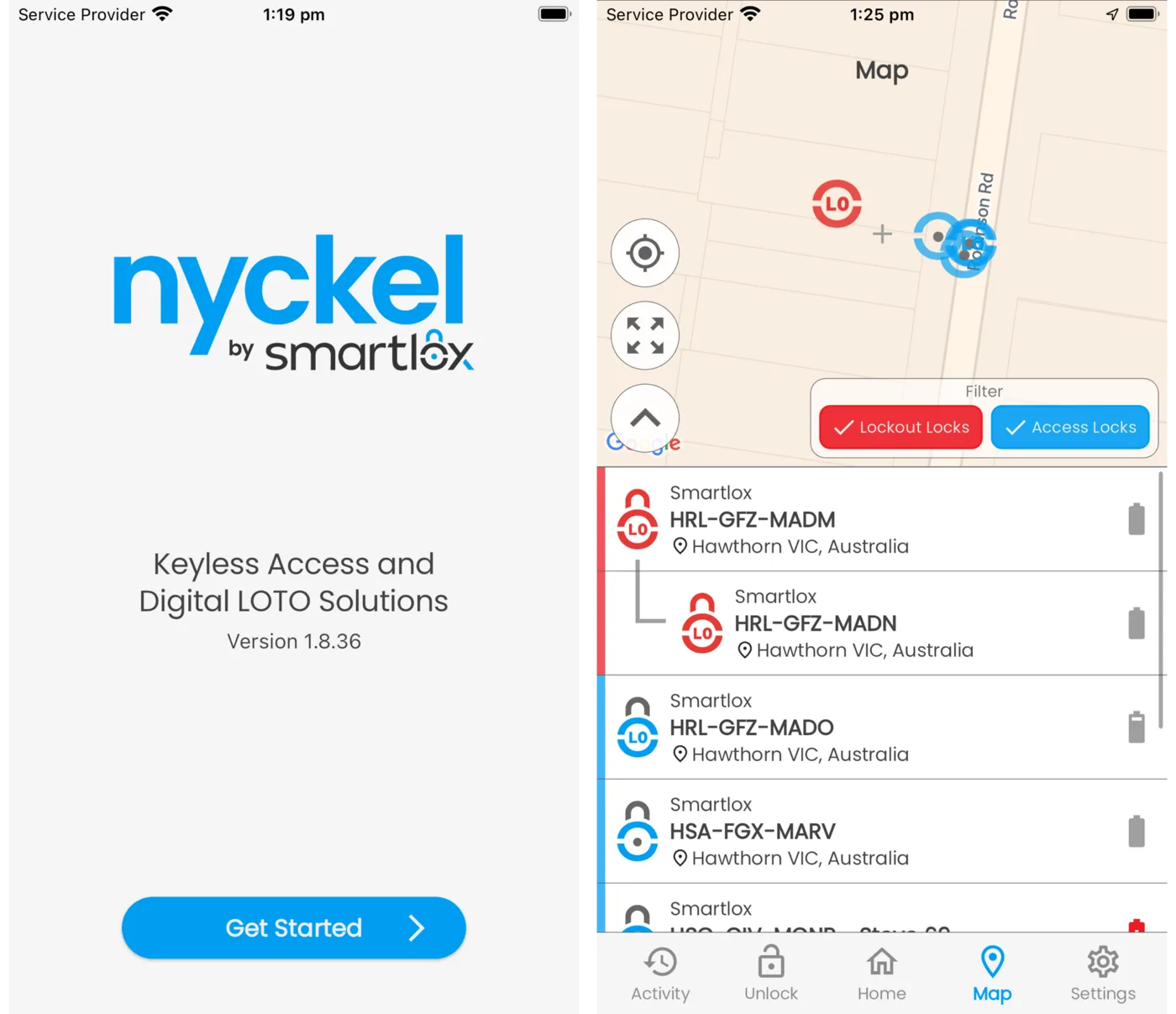 Two screens from the Nyckel app: the sign-in screen, and a map showing lockout and access padlocks across a site.