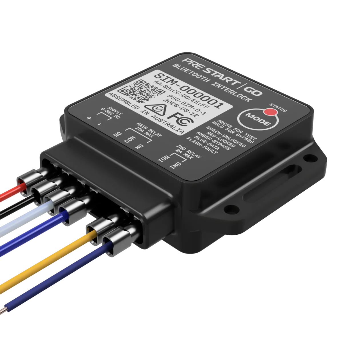 The PreStartGo interlock device, a sealed enclosure that wires into a machine's starter circuit.
